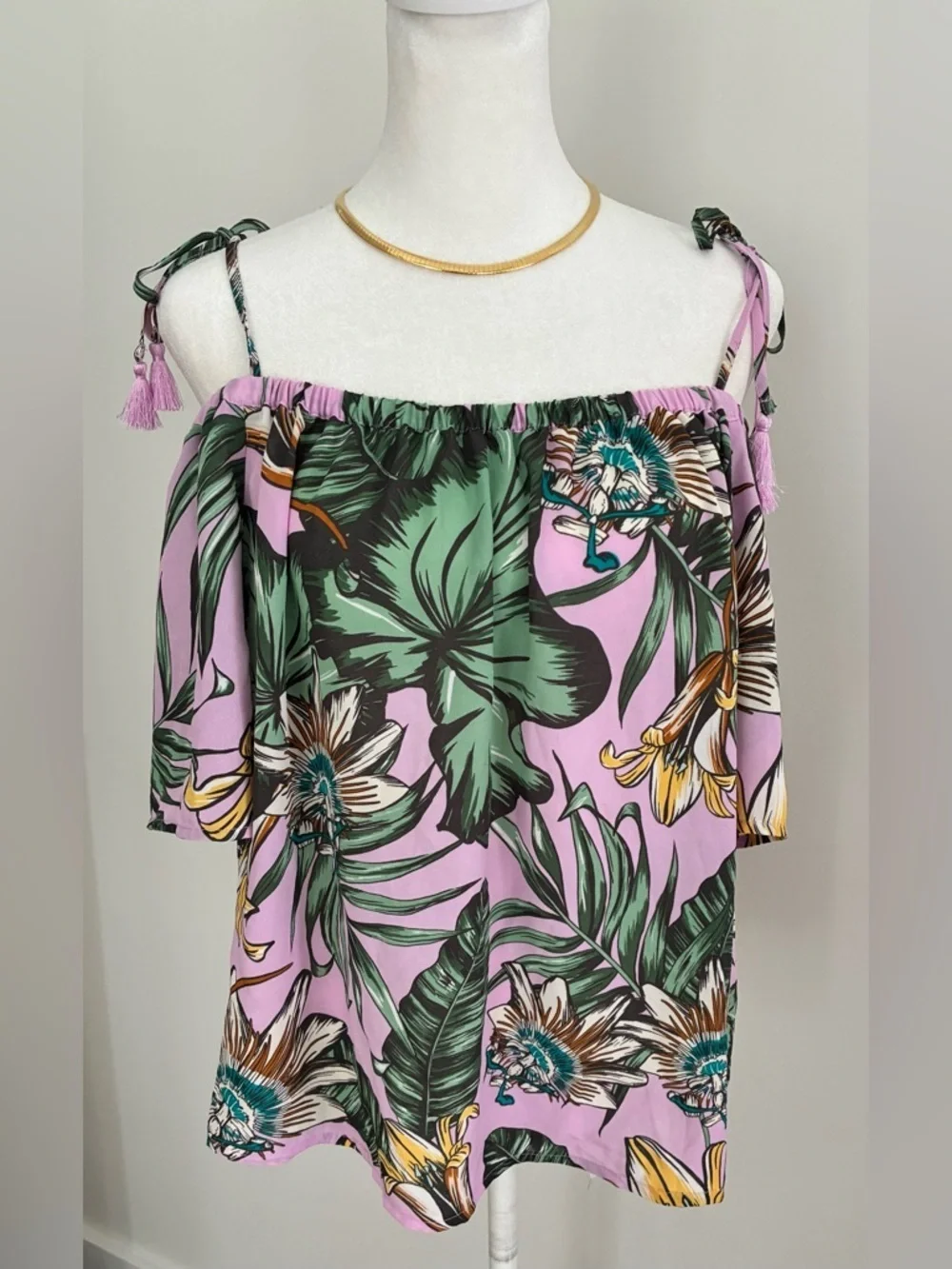 J. Crew Off the Shoulder Pink Tie Tropical Floral Resortwear Ruffle Blouse 6